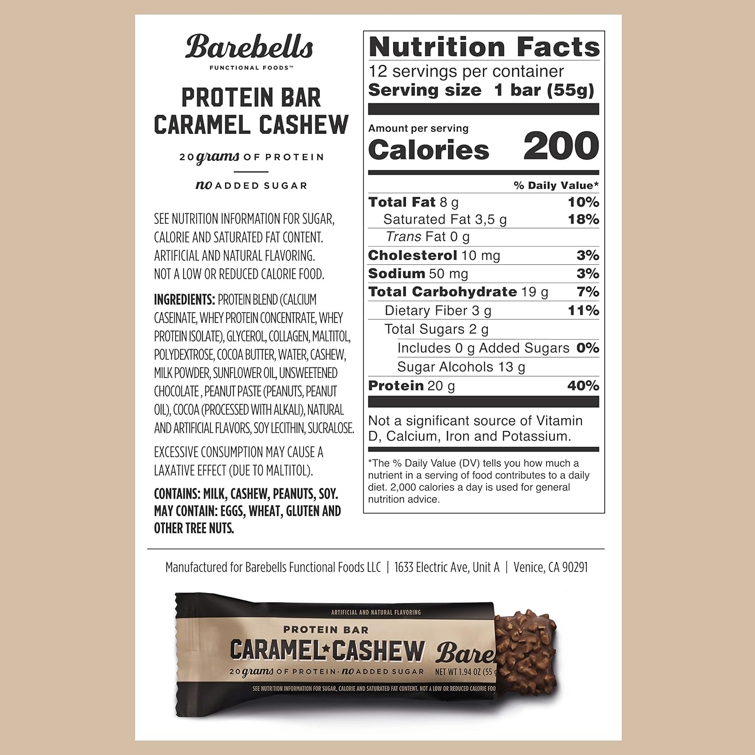 Barebells Protein Bars Caramel Cashew - 12 Count, 1.9oz Bars - Protein Snacks with 20g of High Protein - Low Carb Protein Bar with No Added Sugar - Perfect on The Go Low Carb Snack & Breakfast Bars