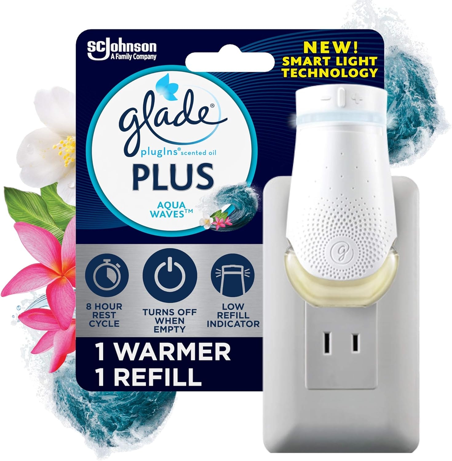 Glade PlugIn Plus Air Freshener Starter Kit, Scented Oil for Home and Bathroom, Aqua Waves, 0.67 Fl Oz, 1 Warmer + 1 Refill