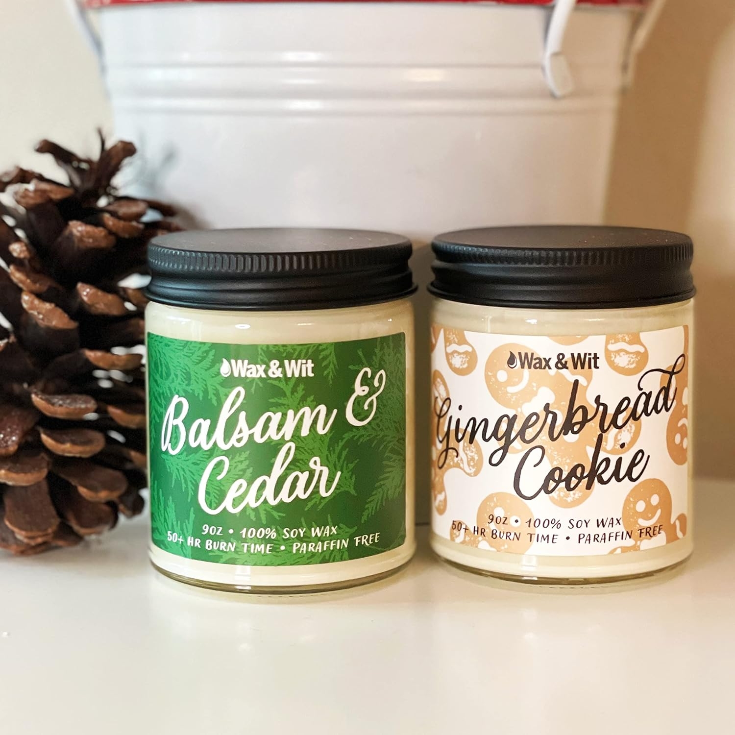 Wax & Wit - Balsam Fir Candle and Gingerbread Cookie Candle Set - Candle Christmas Tree Scent - Candle Holiday - Fall Scented Candles for Home 9oz (2 Pack)