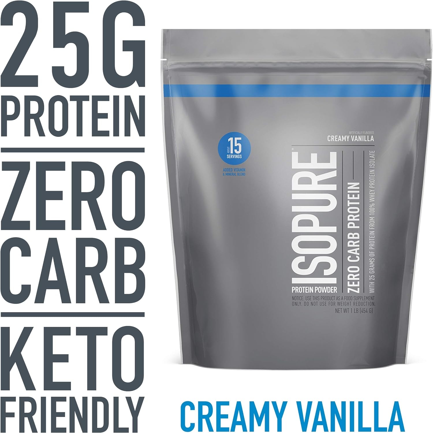 Isopure Zero Carb, Vitamin C and Zinc for Immune Support, 25g Protein, Keto Friendly Protein Powder, 100% Whey Protein Isolate, Flavor: Creamy Vanilla, 1 Pound (Packaging May Vary)