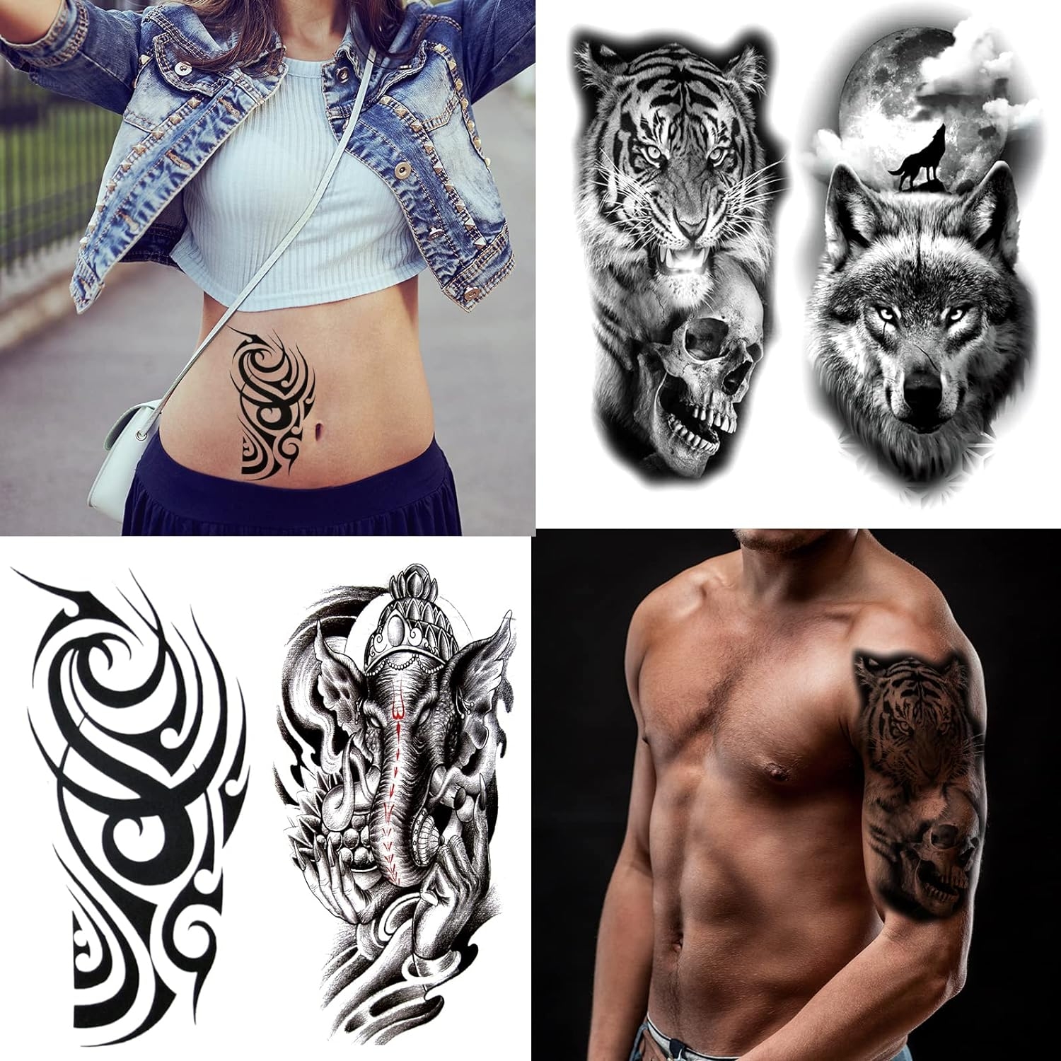 62 Sheets Temporary Tattoos Stickers, Fake Body Arm Chest Shoulder Tattoos for Men and Women, Halloween Temporary Tattoos Black Fake Skull Skeleton Tattoos for Halloween Cosplay