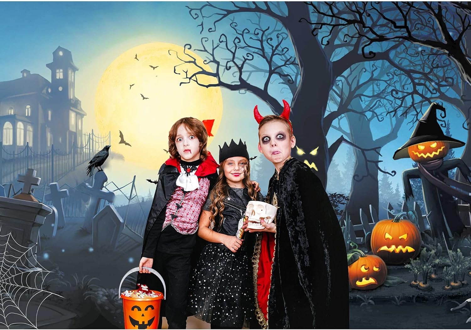 GiuMsi 7X5FT Polyester Halloween Backdrop for Photography Moonlight Horrible Graveyard Pumpkin Background Party Decoration Portrait Pictures Props Photoshoot Studio Banner