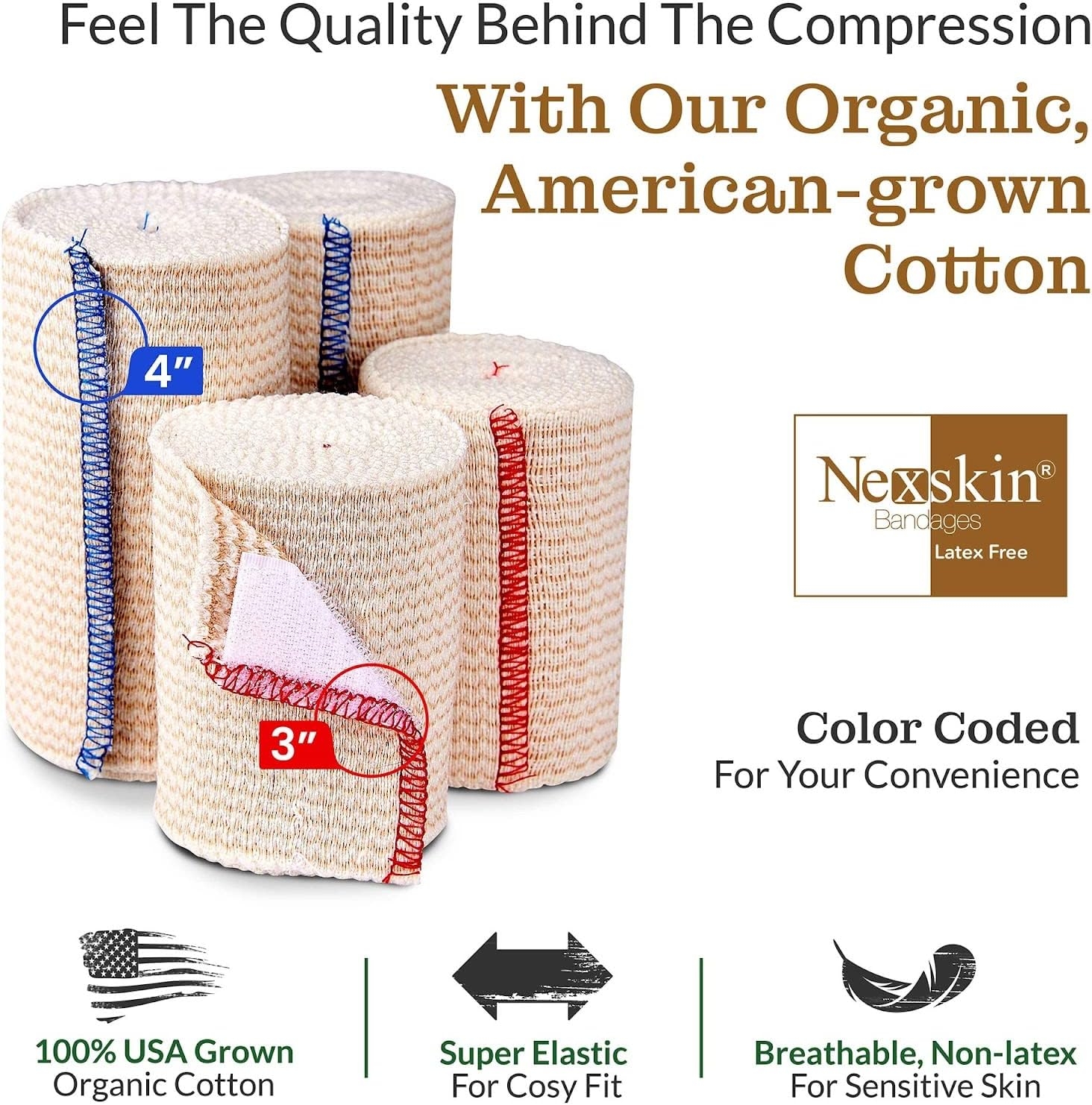 Nexskin (4” Wide, 1 Pack) | Latex Free Organic USA Cotton | Stretch Elastic Athletic/Medical Compression Wrap Hook & Loop Fasteners Both Ends | Lifetime Washable Reusable