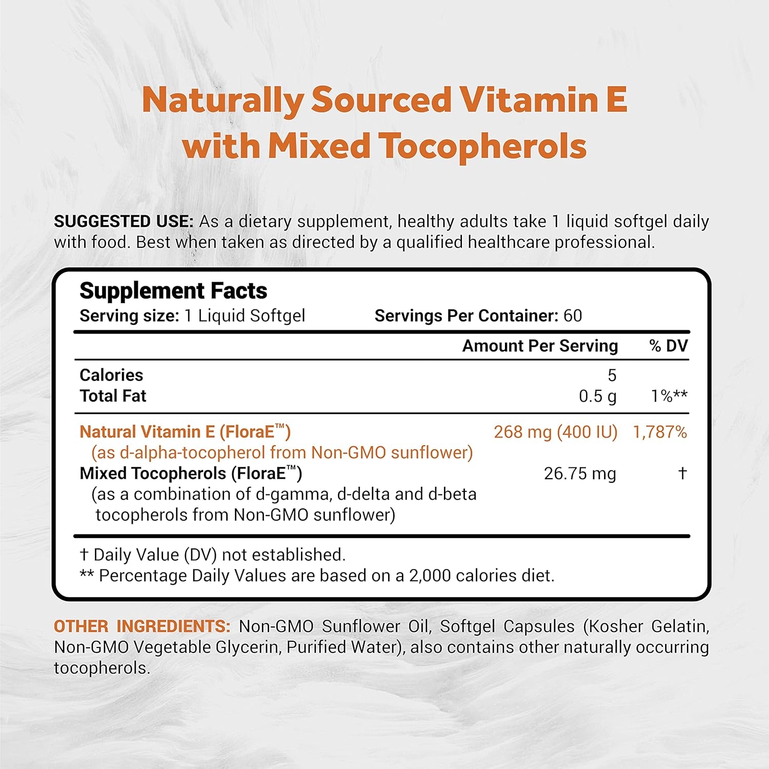 Naturalis Sunflower Vitamin E 268mg (400 IU) with Mixed Tocopherols | Essential Skin Vitamin & Immune Support | Non-GMO, Soy & Gluten Free | 60 Softgels