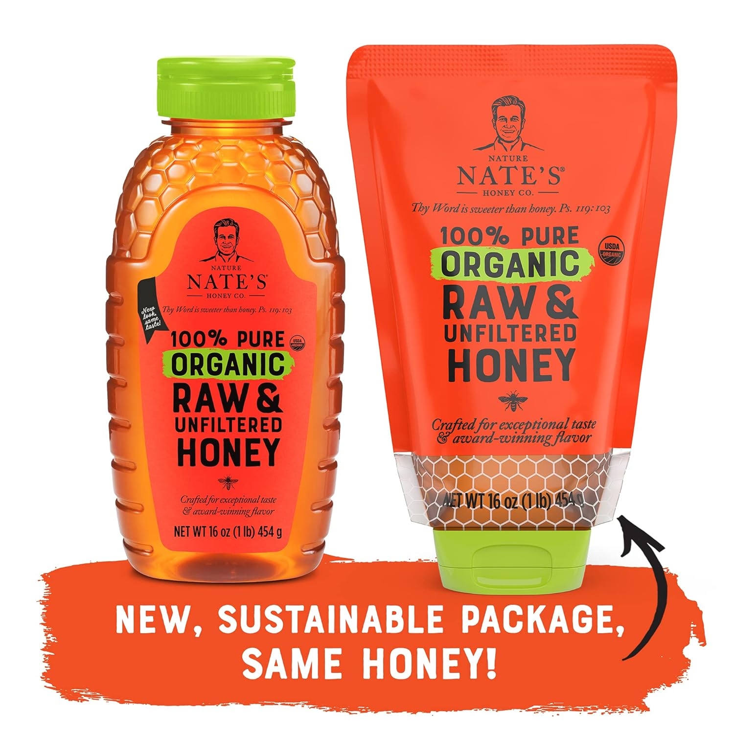 Nature Nate's 100% Pure USDA Organic Raw & Unfiltered Honey, Two 16 oz. No-Drip Sustainable Squeeze Pouches; Purity Guarantee, No Additives