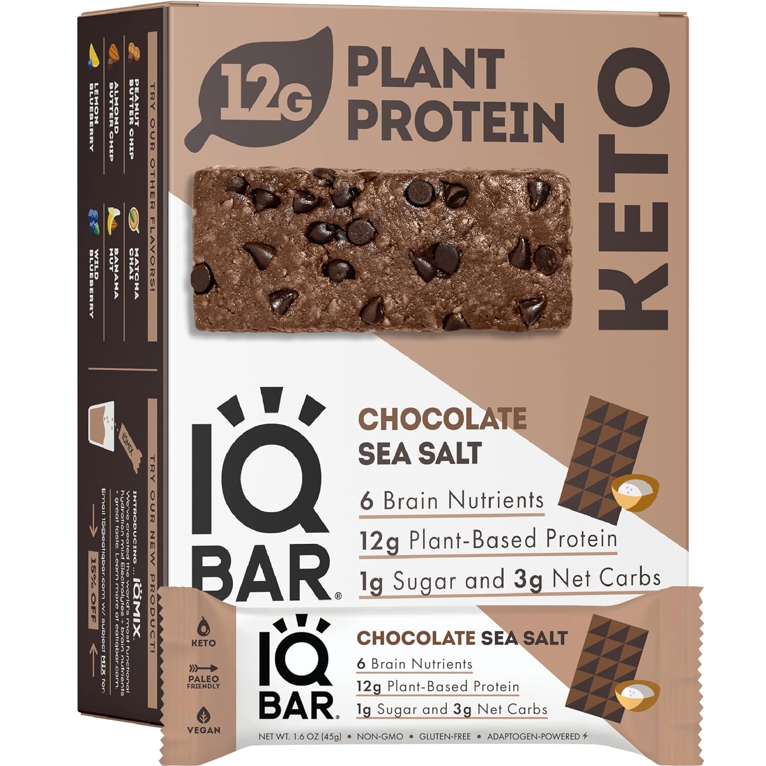 IQBAR Brain and Body Keto Protein Bars - Chocolate Sea Salt Keto Bars - 12-Count Energy Bars - Low Carb Protein Bars - High Fiber Vegan Bars and Low Sugar Meal Replacement Bars - Vegan Snacks
