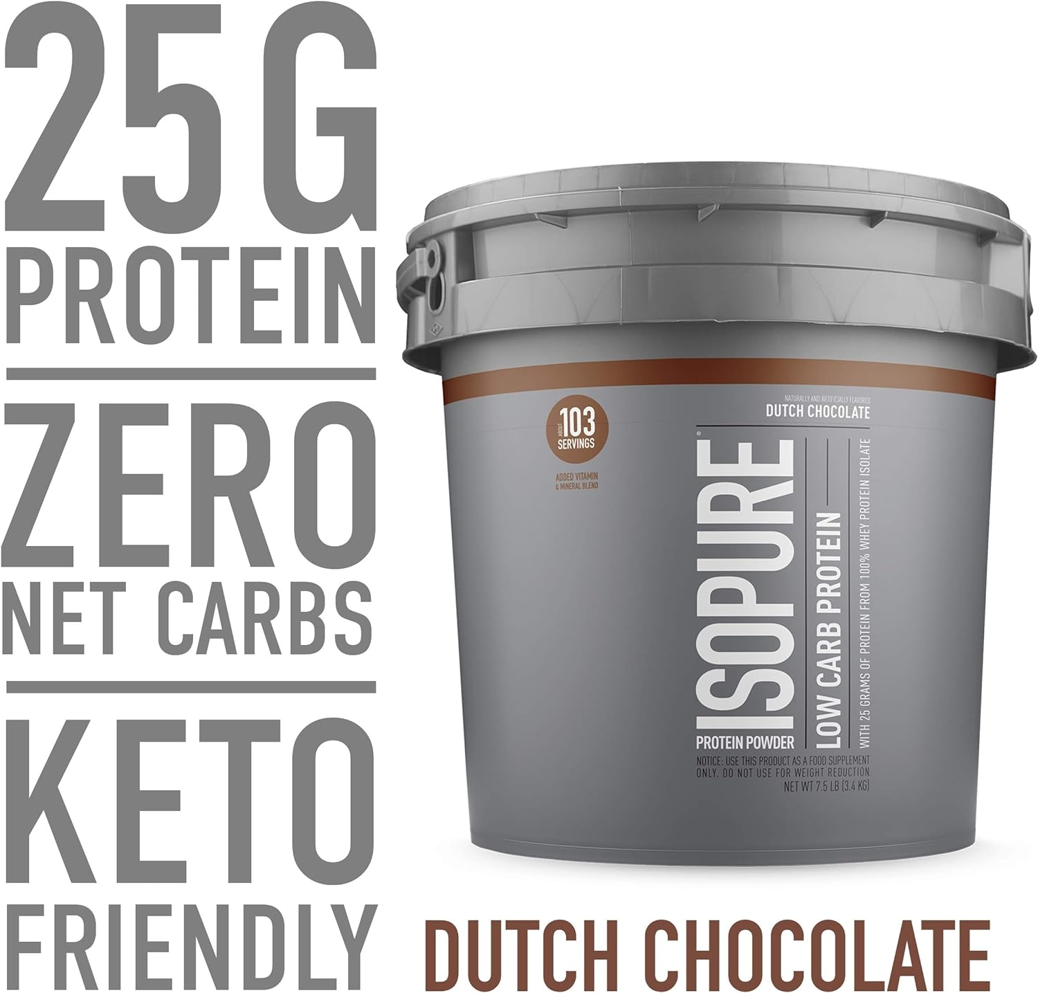 Isopure Whey Isolate Protein Powder with Vitamin C & Zinc for Immune Support, 25g Protein, Low Carb & Keto Friendly, Flavor: Dutch Chocolate, 7.5 Pounds (Packaging May Vary)
