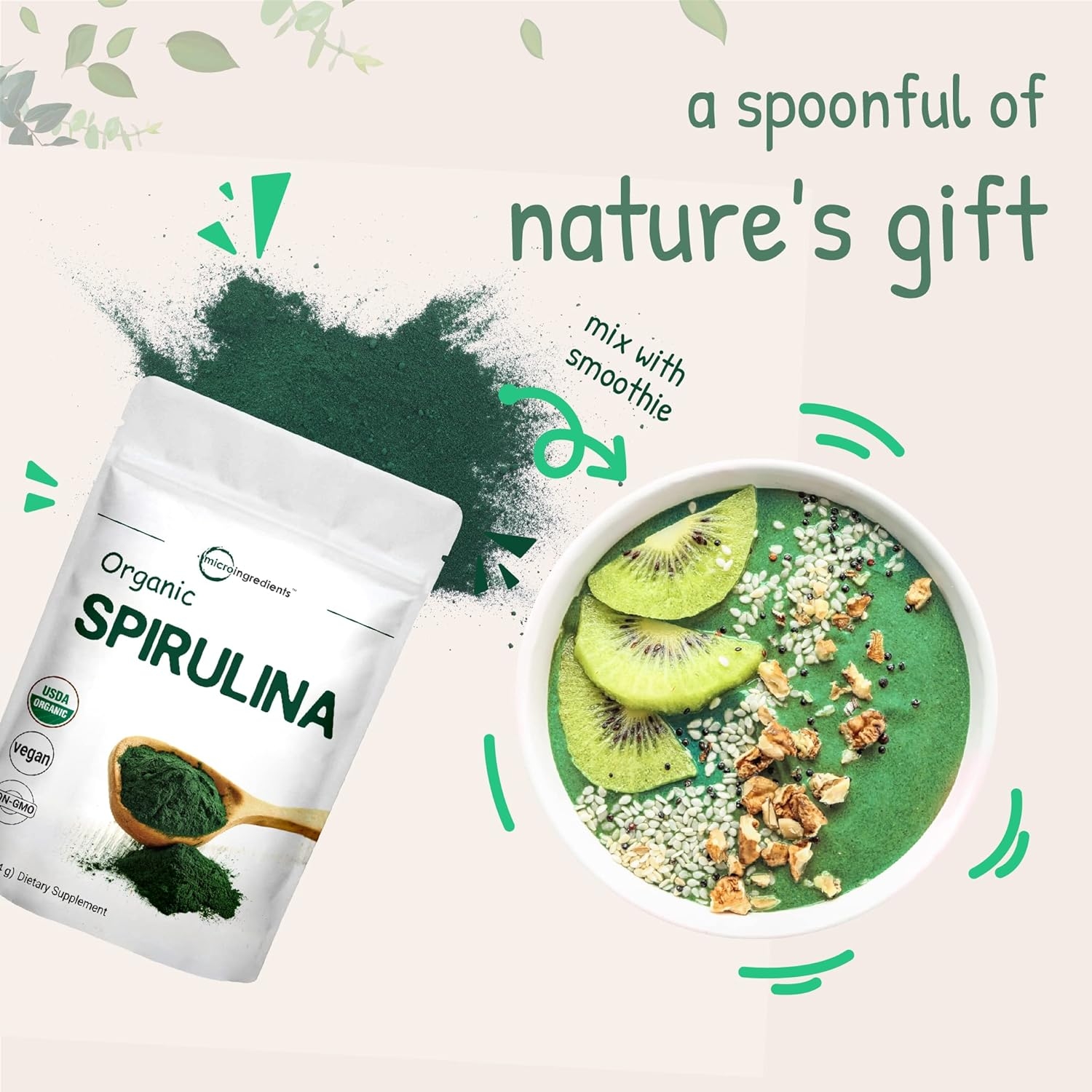 Micro Ingredients Organic Spirulina Powder, 1 Pound (16 Ounce), Rich in Chlorophyll, Minerals, Fatty Acids, Fiber, Protein and Support Immune System, No Irradiated, No Contaminated, No GMOs
