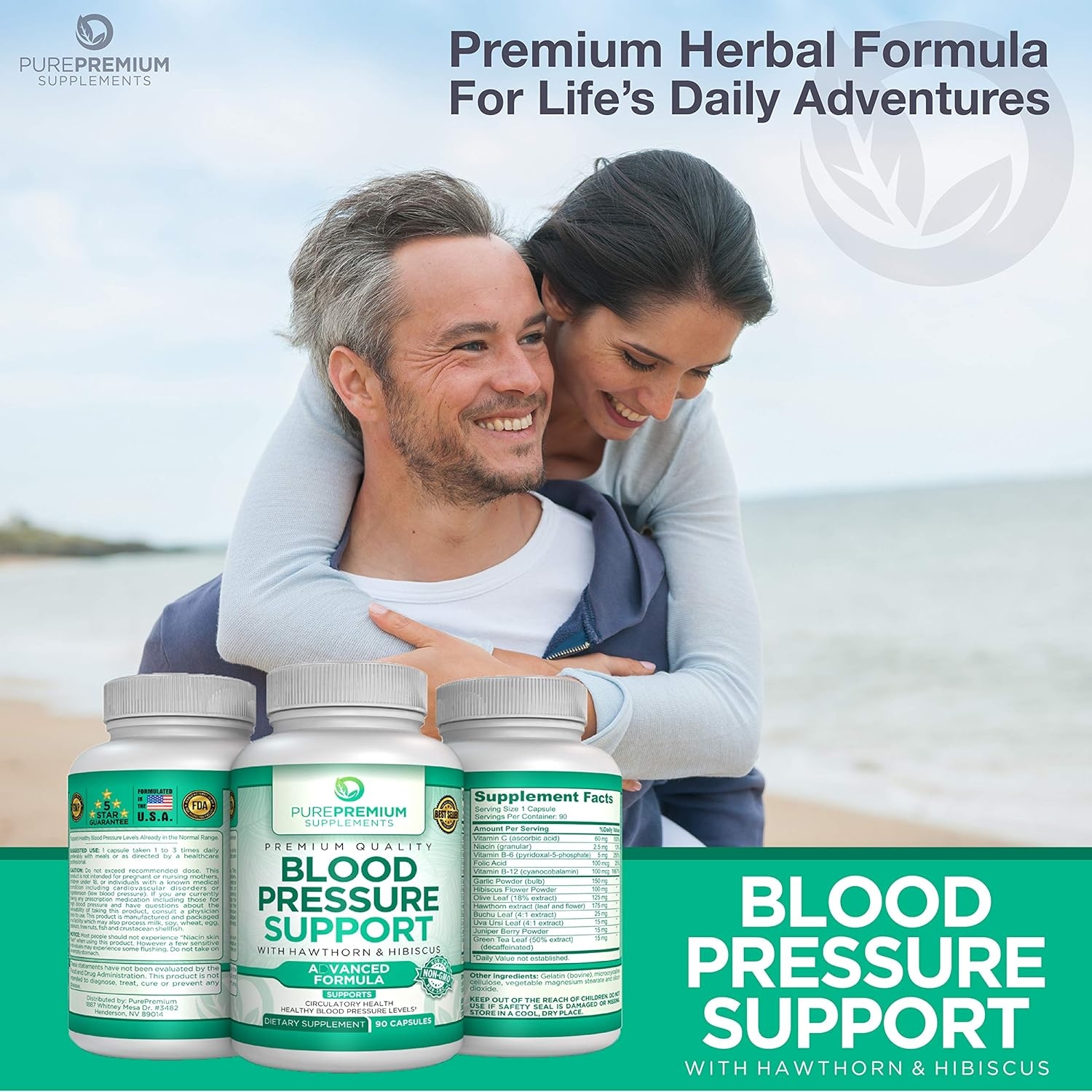 Premium Blood Pressure Support Supplement by PurePremium with Hawthorn, Hibiscus & Garlic - Supports Cardiovascular & Circulatory Health - Vitamins & Herbs Promote Heart Health - 90 Caps