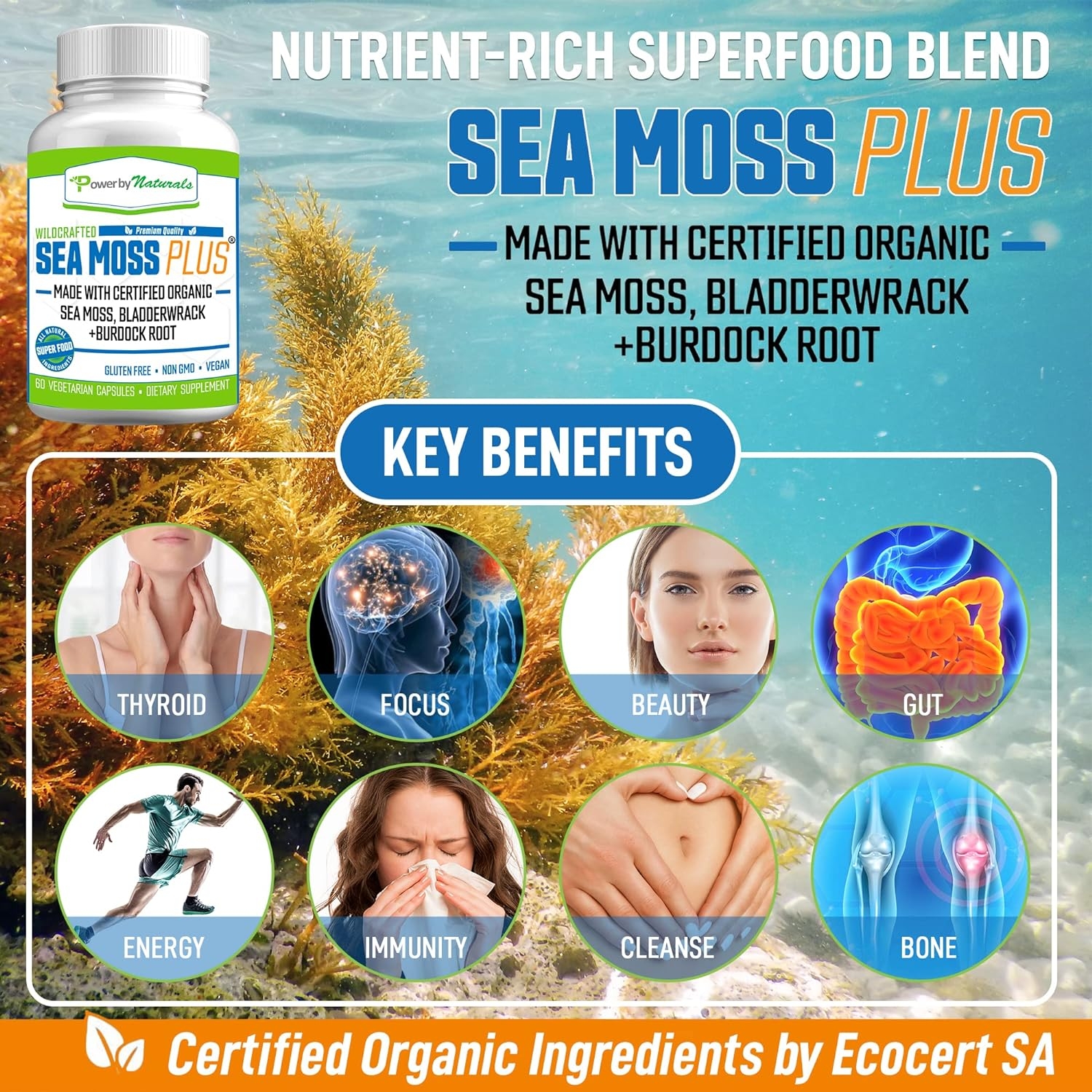 Power By Naturals Certified Organic Sea Moss Plus Supplements with Wildcrafted Irish Sea Moss, Bladderwrack, and Burdock Root, Pure Sea Moss Supplement, Vegan, No Fillers, 60 SeaMoss Powder Capsules