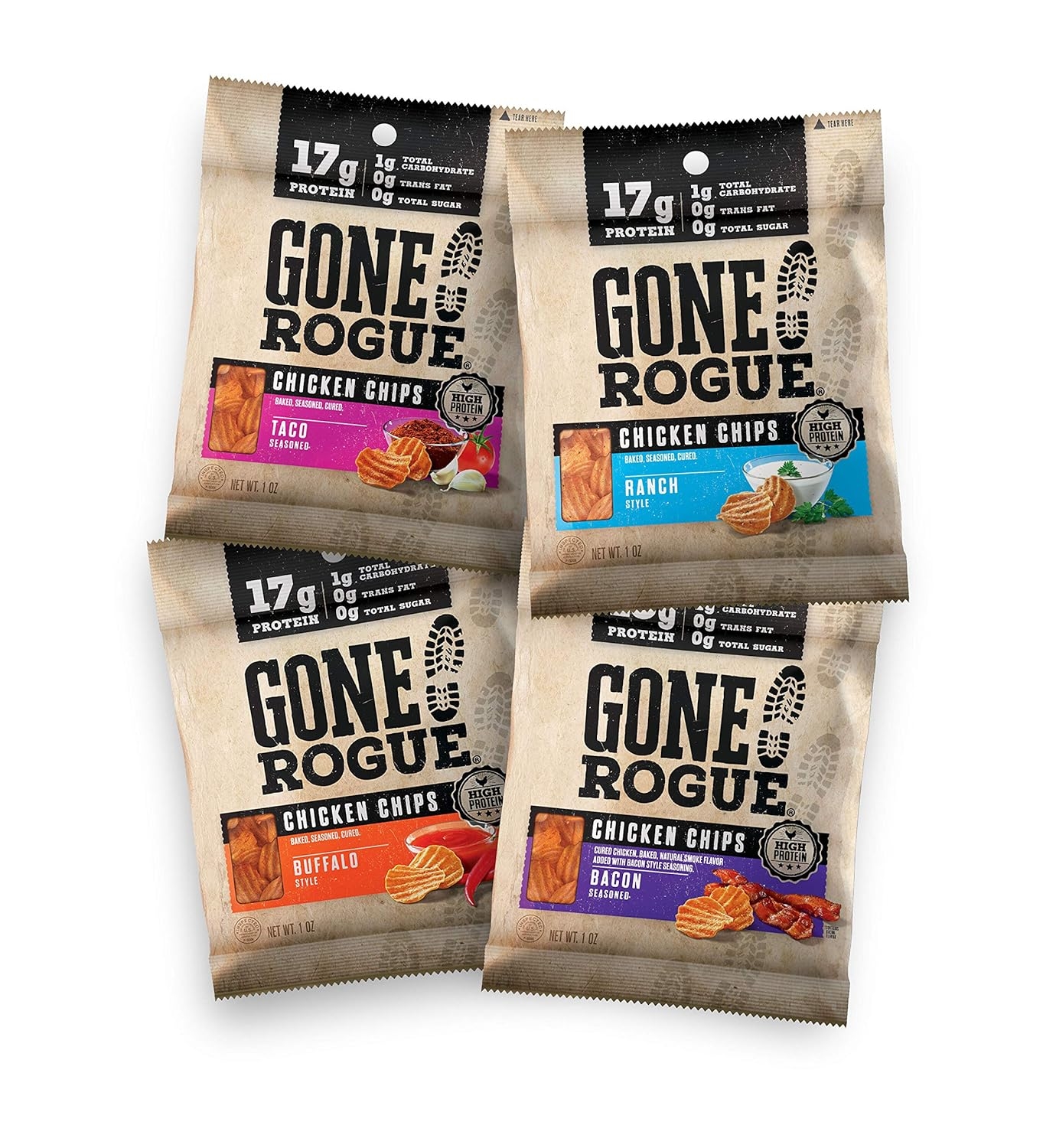 Gone Rogue High Protein Chips, Low Carb, Gluten Free, Keto Friendly Snacks - Variety Pack, 4 pack, 4 Flavors: Ranch Style Chicken, Taco Style Chicken, Chicken Bacon & Buffalo Style Chicken