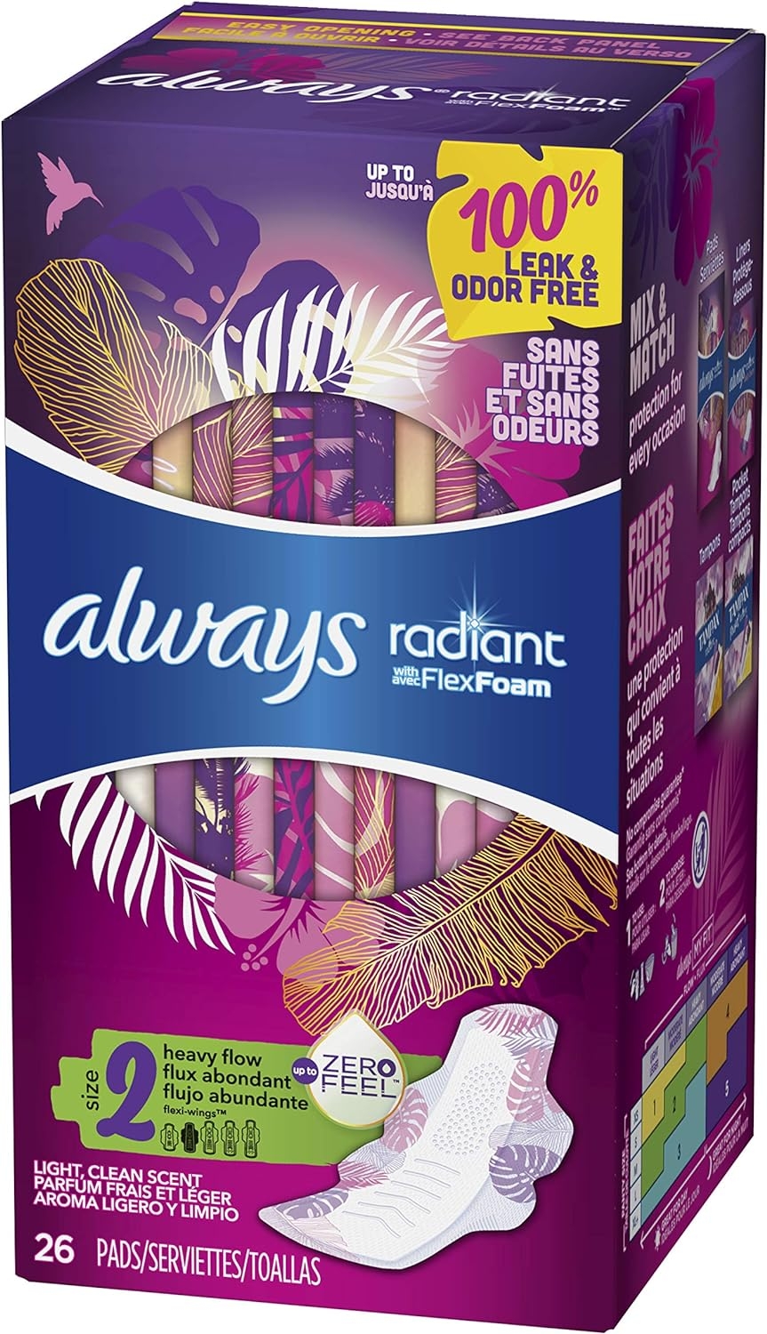 Always Radiant Pads, Size 2, Heavy Flow Absorbency, Light Clean Scent, 26 Count (Pack of 3)