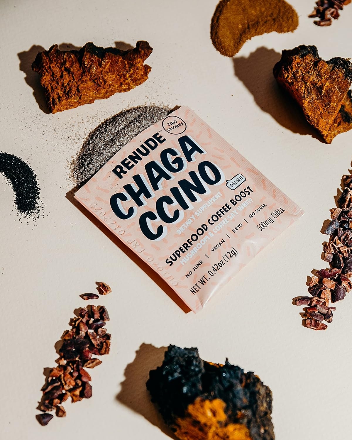 Renude Chagaccino Mushroom & Adaptogen Coffee Boost Powder with Wild-Foraged Chaga, Cacao, Ceylon Cinnamon, & Monk Fruit | Immune Support, Beauty & Brains, Vegan & Keto, 0 Calories | 10 Servings