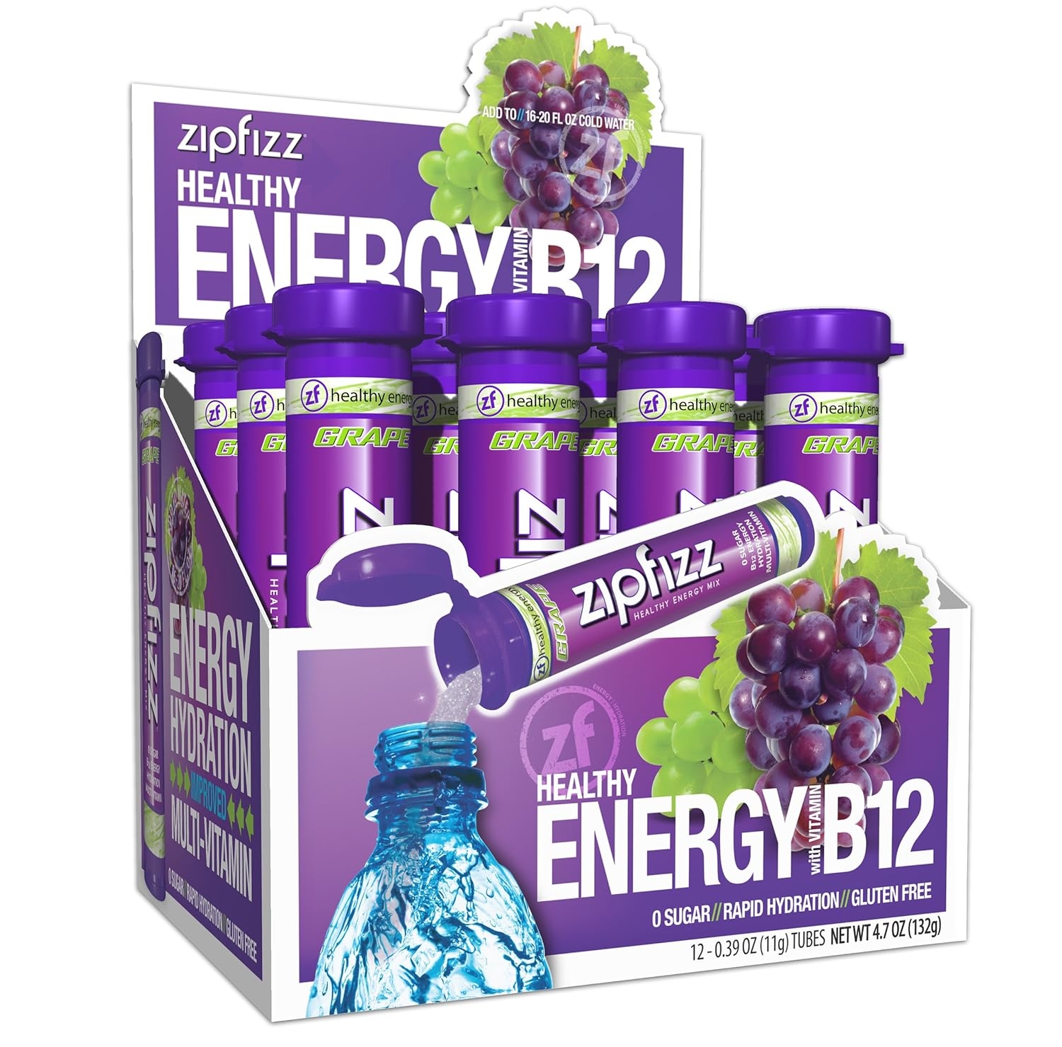 Zipfizz Healthy Energy Drink Mix, Hydration with B12 and Multi Vitamins, Grape, 12 Count