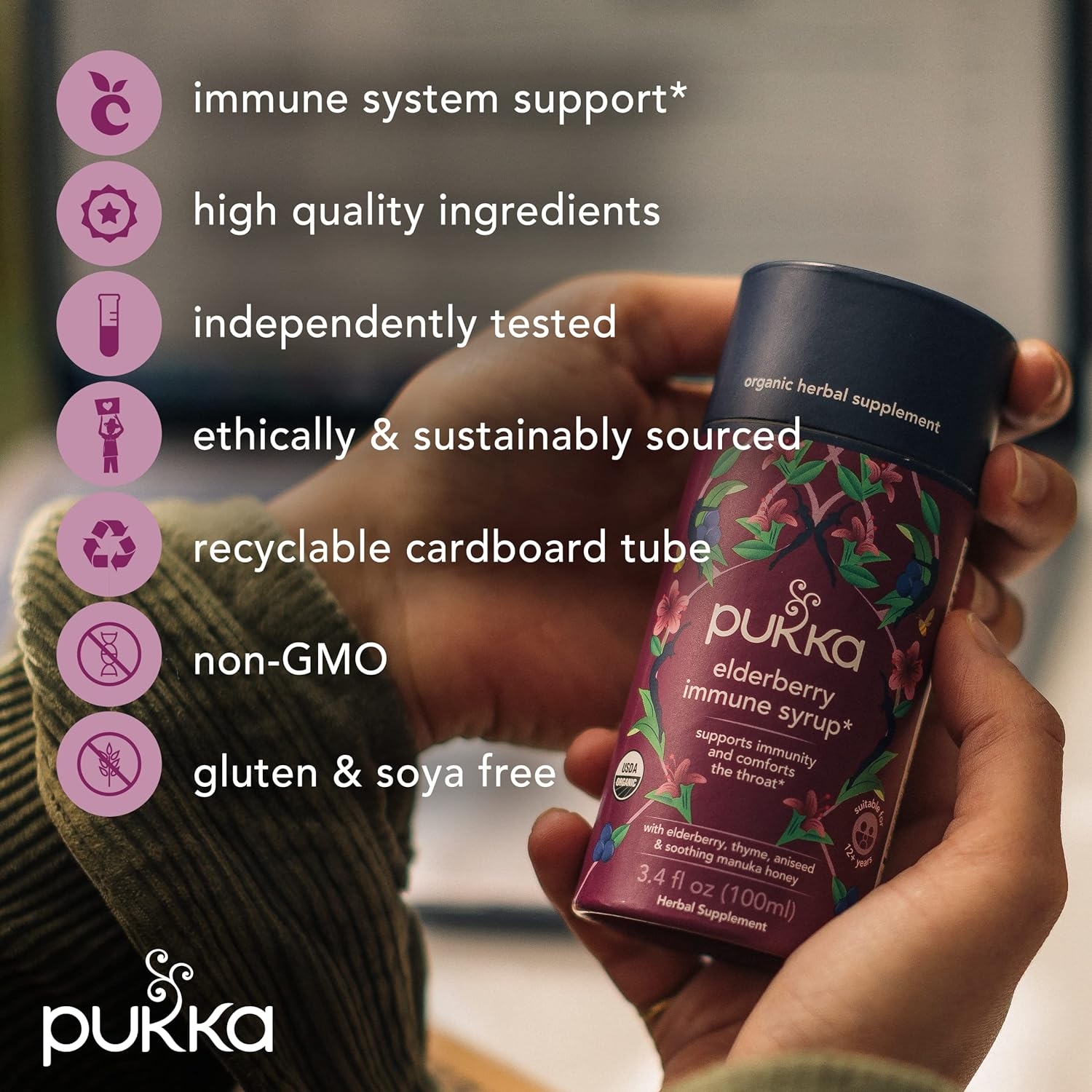 Pukka Herbs | Organic Elderberry Immune Syrup | Suitable for The Whole Family from 12+ Years | Elderberries, Thyme, Aniseed, Manuka Honey | 20 Servings | 1 Month Supply, 3.4 FZ